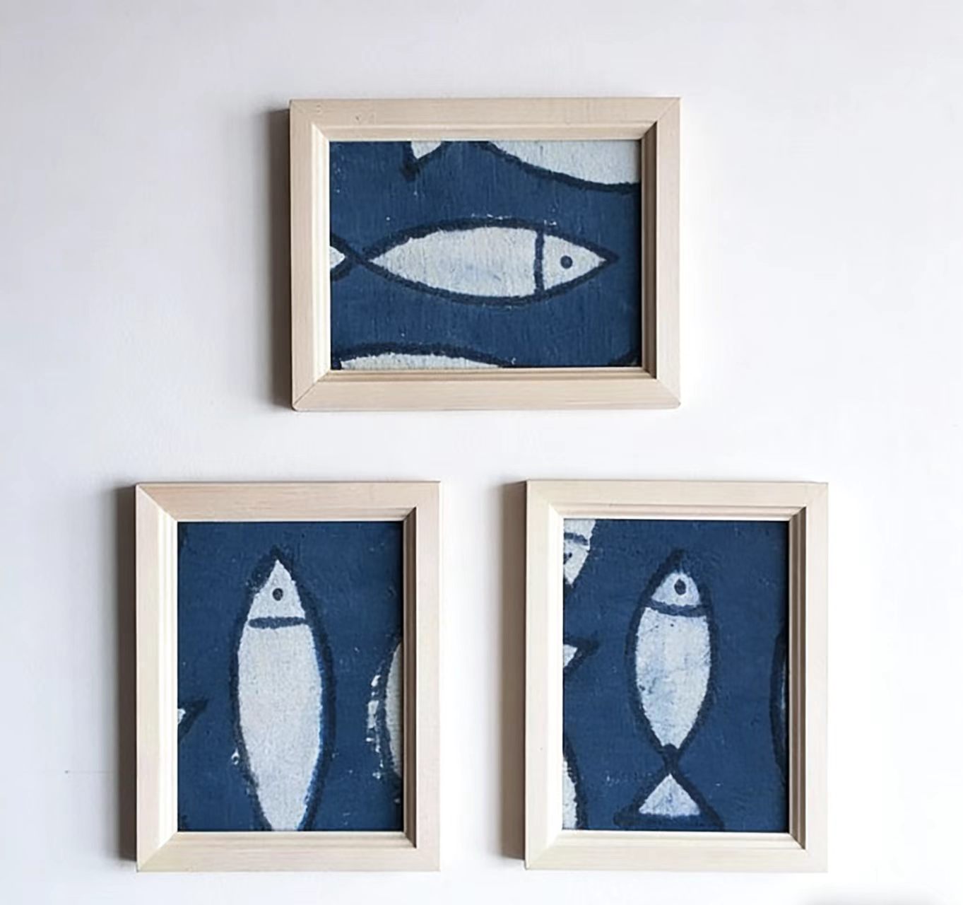 Handmade Indigo Dye Fish Wall Art - Mini Framed Print, Unique Blue & White Pattern