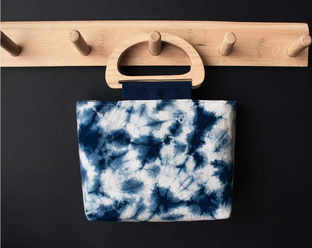Indigo-Dyed Mini Tote Bag – Handmade Wood Handle Purse | Boho Gift