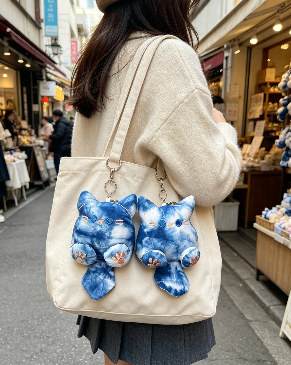 Indigo Shibori Hand Tie Dye Mini Cat Plush Keychain, Bohemian Soft Kitten Bag Charm Ornament for Backpack, Tote Bag & Key Gift