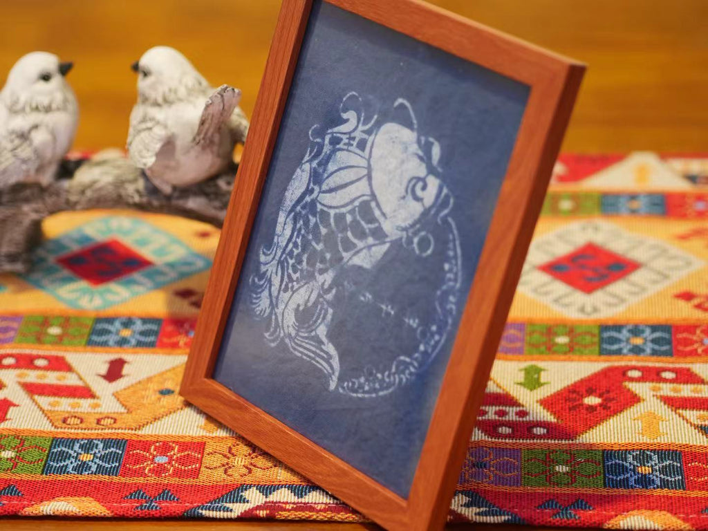Hand-Dyed Indigo Koi Wall Art | Framed Cotton Textile