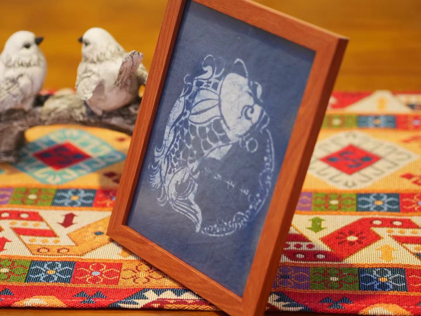 Handmade Indigo Dye Koi Fish Framed Wall Art, Cotton Textile Art for Home Decor