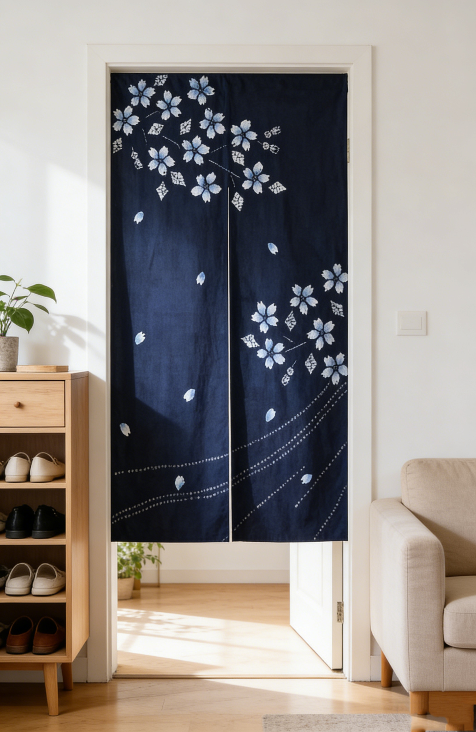 Indigo Hand-Dyed Door Curtain | Plum Blossom & Rabbit