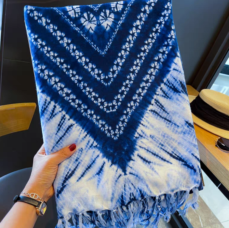 Handmade Indigo Tie-Dye Scarf，Boho Shibori Cotton Scarf with Tassels, Lightweight Blue & White Neck Wrap