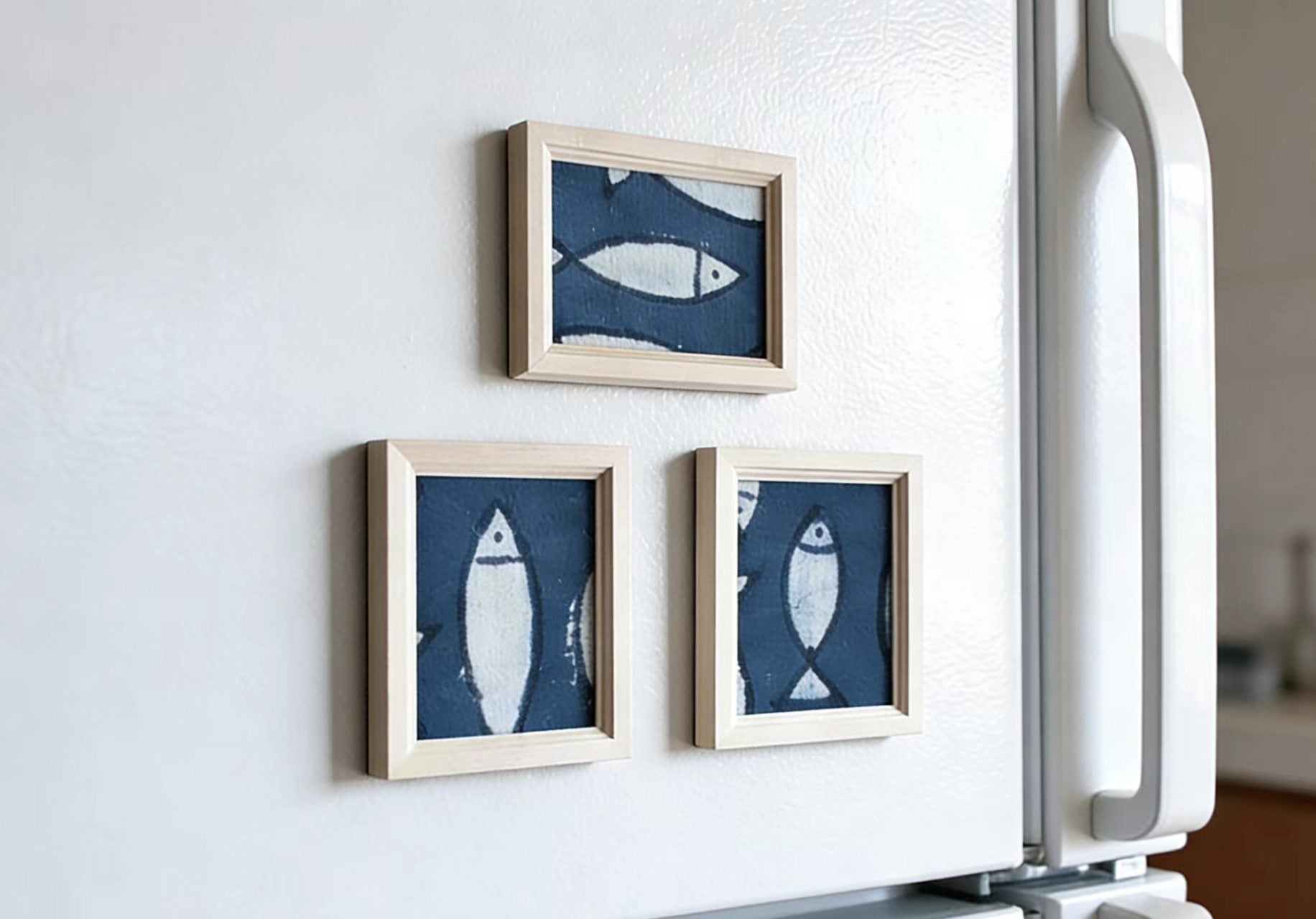 Handmade Indigo Dye Fish Wall Art - Mini Framed Print, Unique Blue & White Pattern