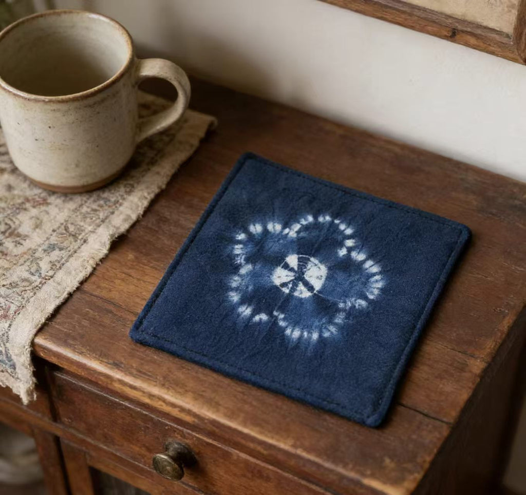 Indigo-Dyed Cotton Coasters – Handmade Tie-Dye Drink Mats | Boho Home Decor Gift