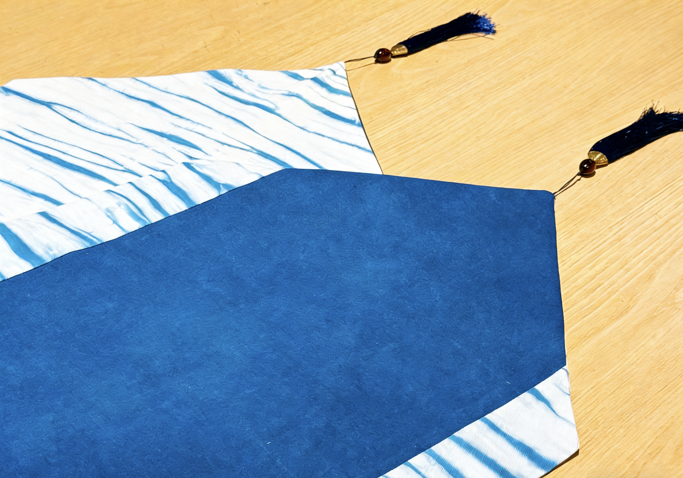 Handmade Indigo Embroidered Table Runner ,Cotton Shibori Table Scarf with Embroidery & Tassel, Unique Blue & White Pattern