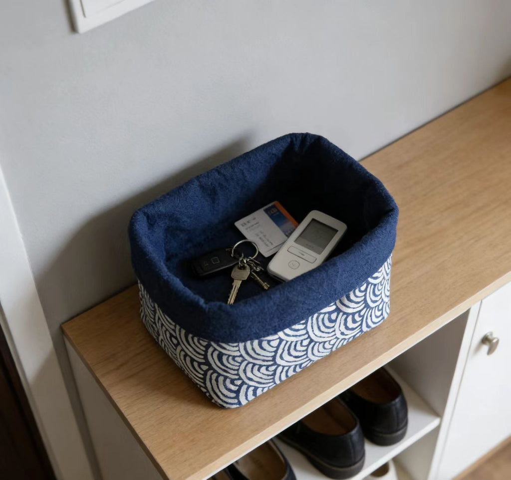 Handmade Indigo Dye Storage Basket - Small Fabric Organizer with Wave Pattern, Unique Blue & White Design