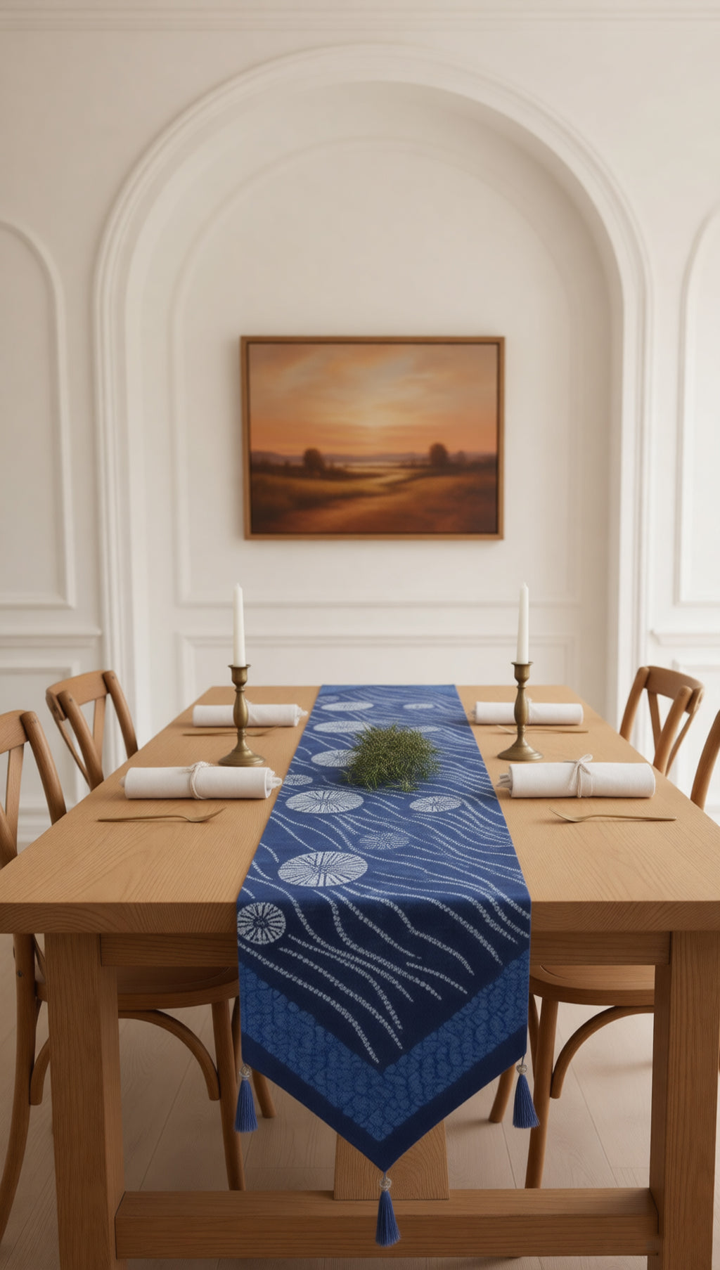 Indigo-Dyed Table Runner – Handmade Shibori Wave & Floral Boho Home Decor