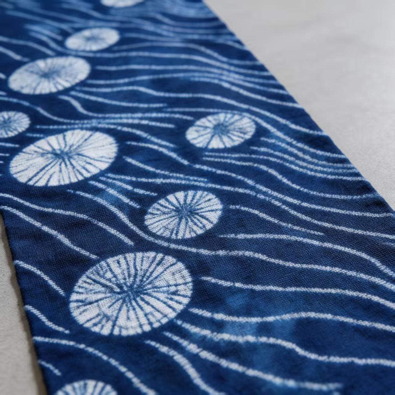 Indigo-Dyed Table Runner – Handmade Shibori Wave & Floral Boho Home Decor