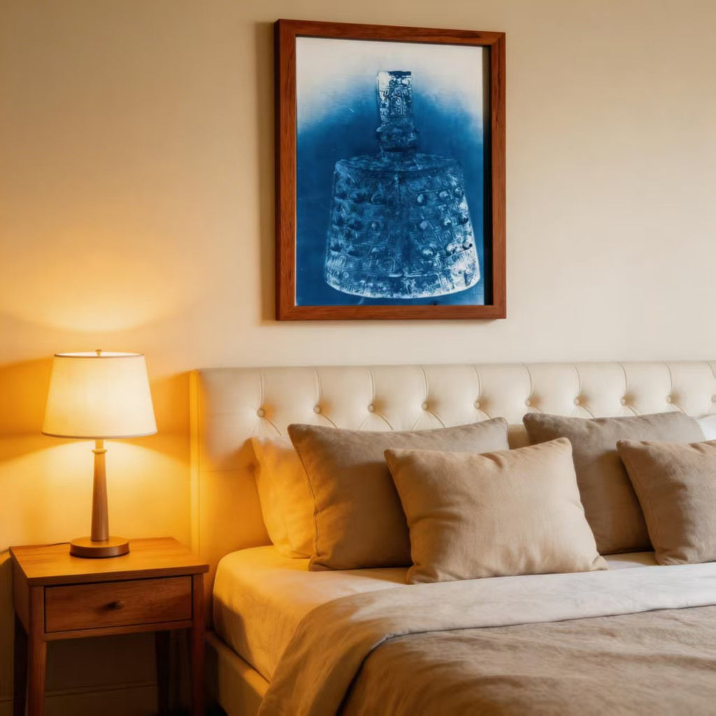 Handcrafted Shibori Indigo Wall Art | Bronze Bell Print | Framed Cotton Textile