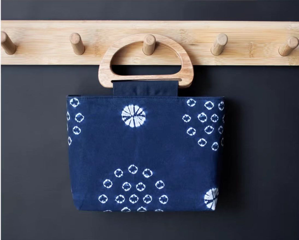 Indigo-Dyed Mini Tote Bag – Handmade Wood Handle Purse | Boho Gift