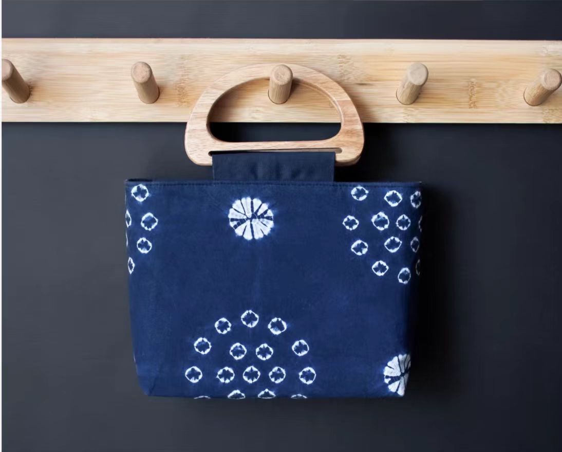 Indigo-Dyed Mini Tote Bag – Handmade Wood Handle Purse | Boho Gift