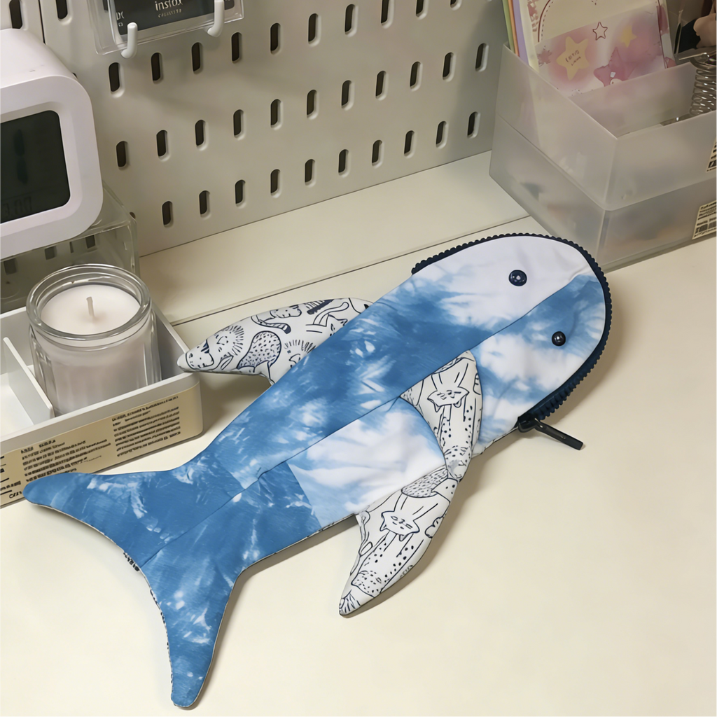 Indigo-Dyed Whale Pencil Case – Handmade Cotton Pouch for School & Office