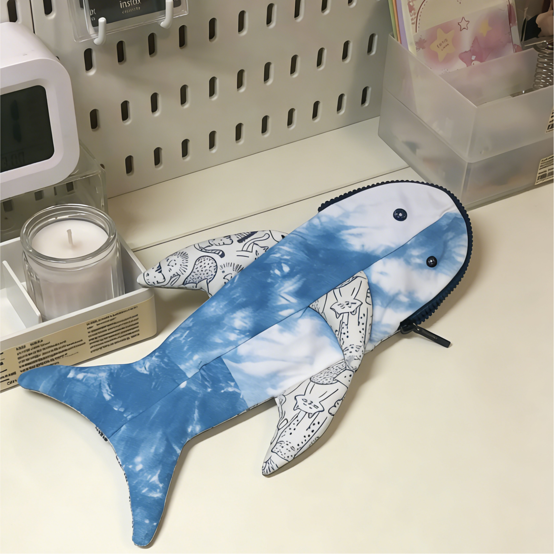 Indigo-Dyed Whale Pencil Case – Handmade Cotton Pouch for School & Office