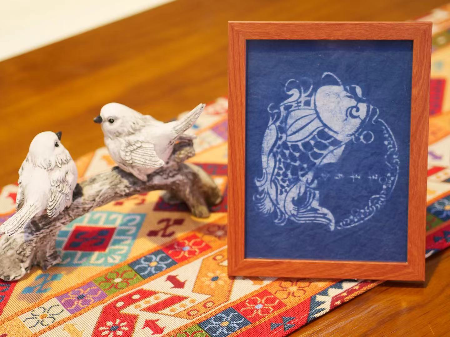 Handmade Indigo Dye Koi Fish Framed Wall Art, Cotton Textile Art for Home Decor
