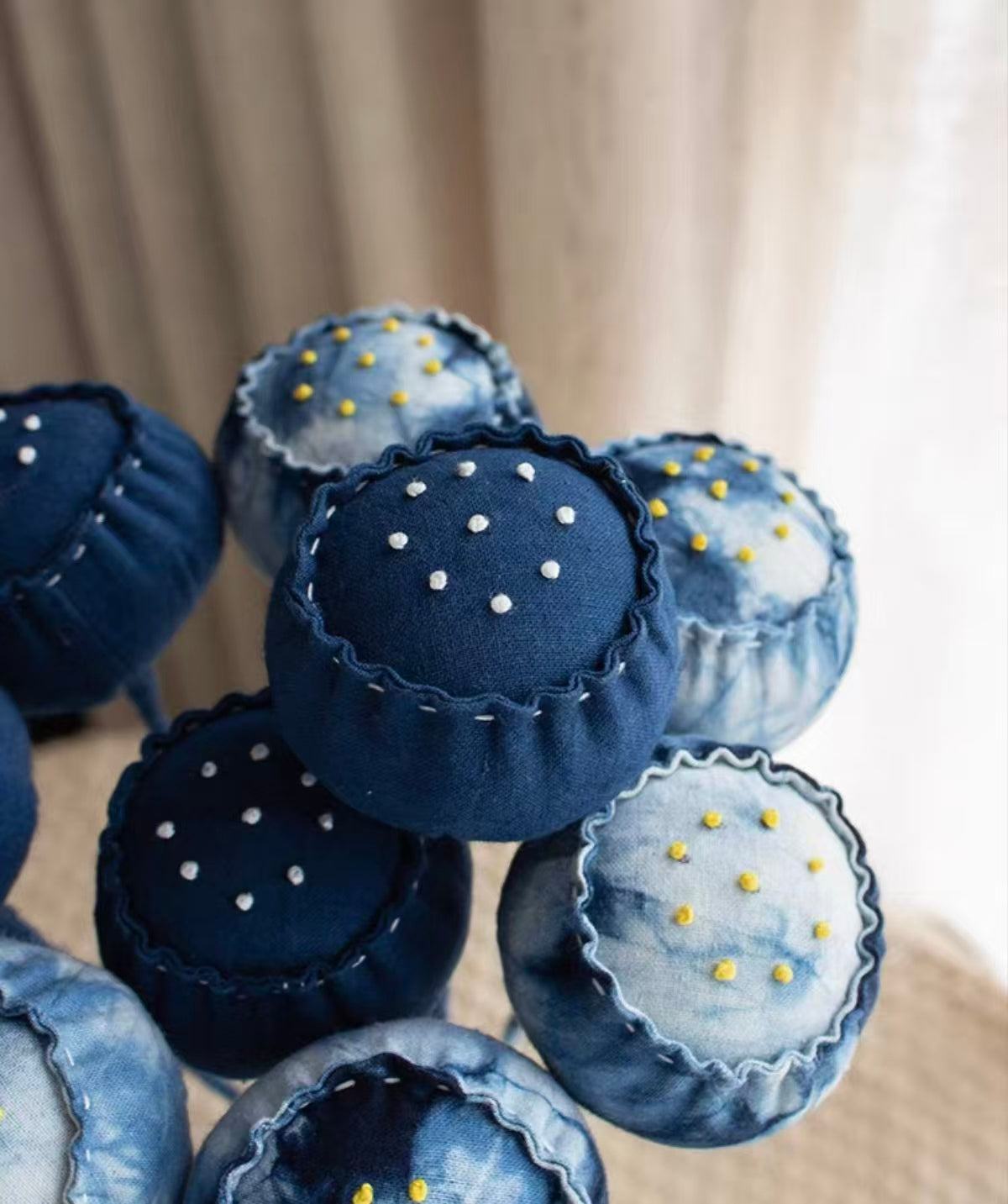 Hand-Dyed Indigo Lotus Pod | 3D Batik Cotton Fabric Floral Decor