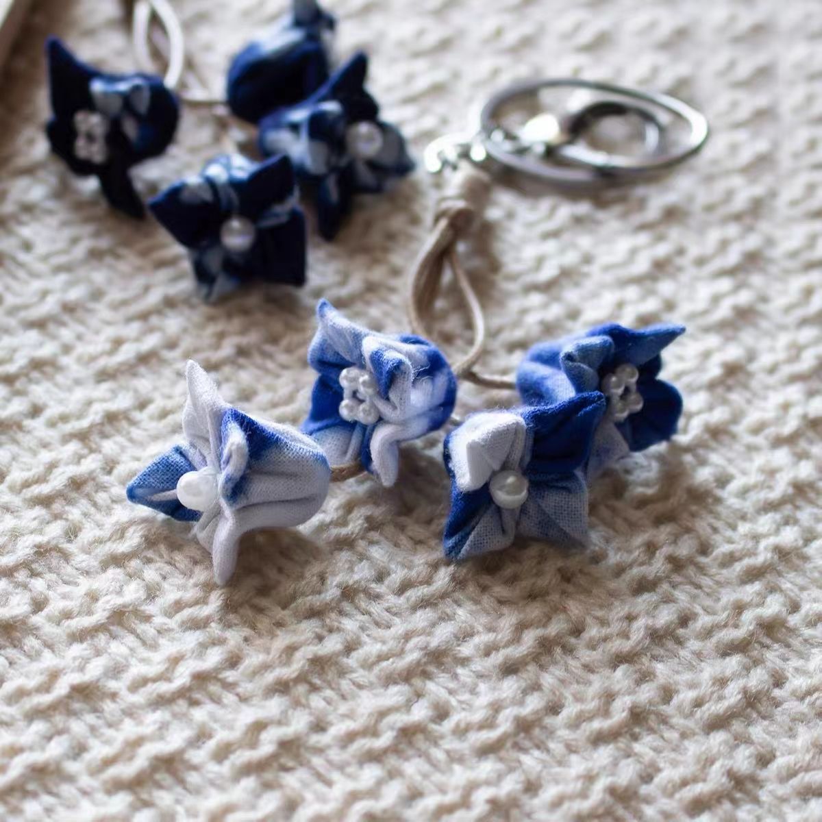 Hand-Dyed Indigo Flower String Charm | Keychain, Bag & Car Ornament