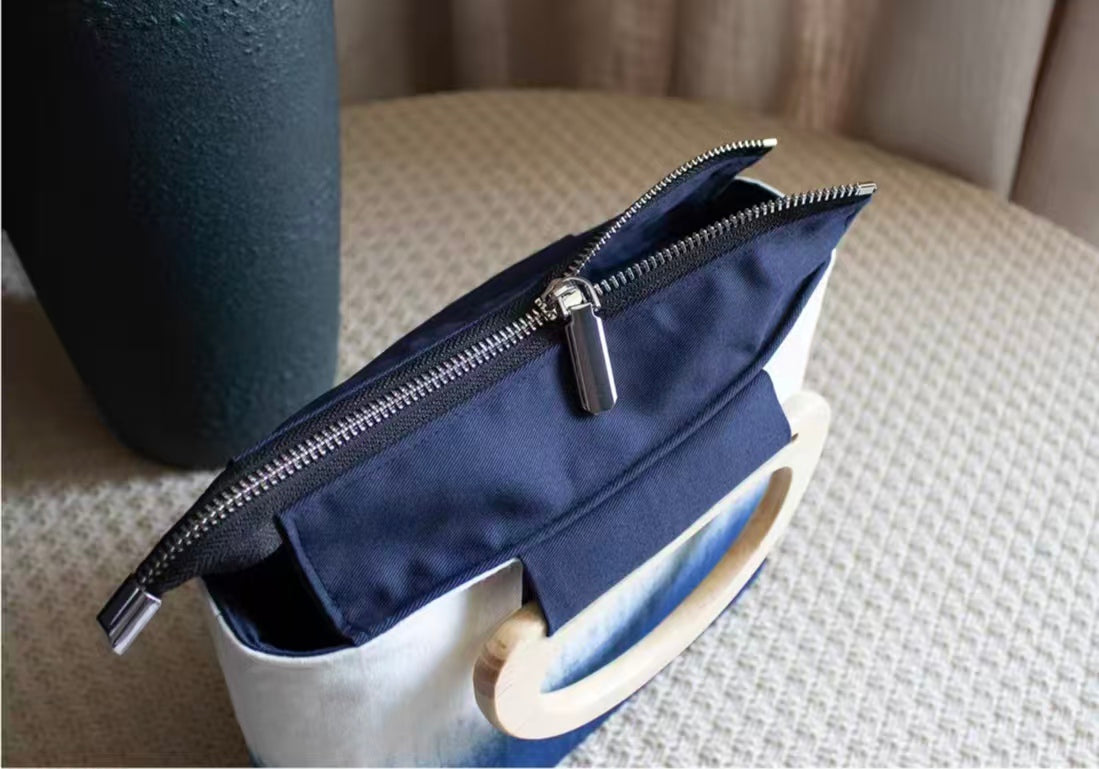 Indigo-Dyed Mini Tote Bag – Handmade Wood Handle Purse | Boho Gift