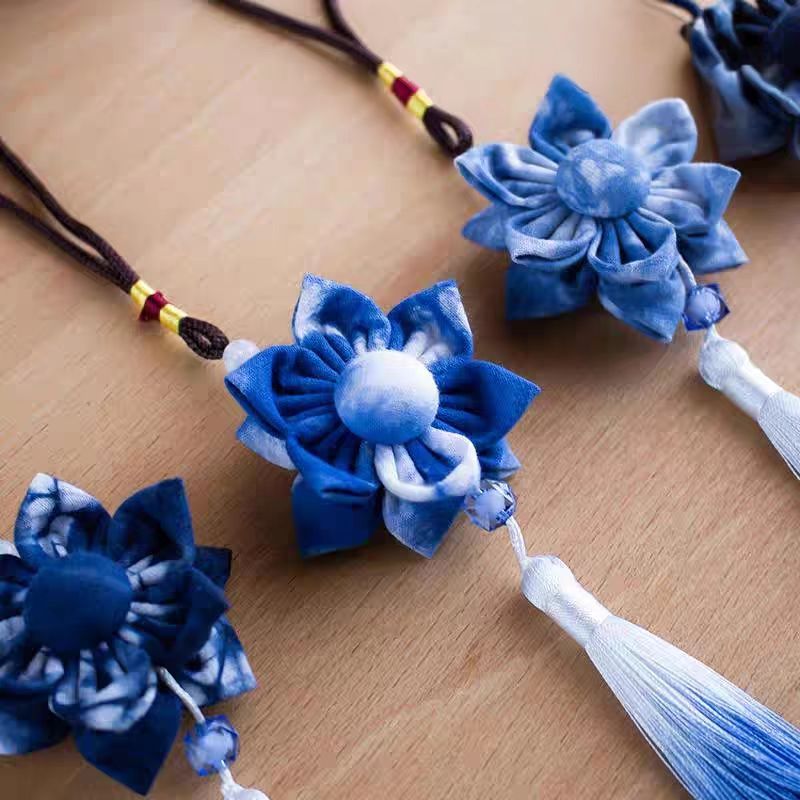 Indigo Fabric Flower Charm – Handmade Tie-Dye Ornament | Artisan Boho Gift
