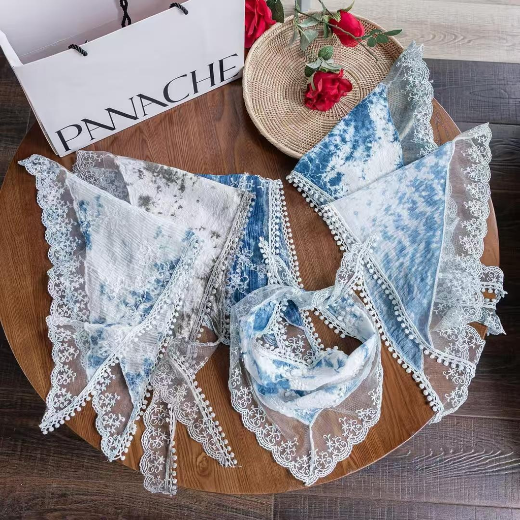 Indigo Shibori Lace Pom Pom Triangle Head Scarf, Reversible Multi-style Bohemian Hair Kerchief for Beach, Cafe & Daily Wear