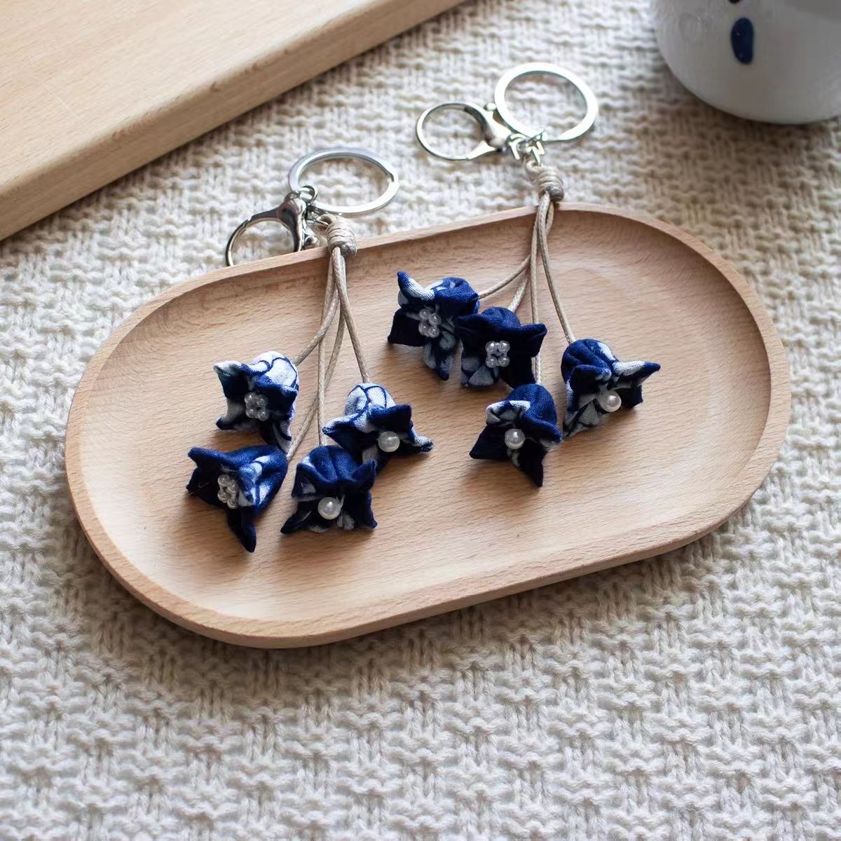 Hand-Dyed Indigo Flower String Charm | Keychain, Bag & Car Ornament