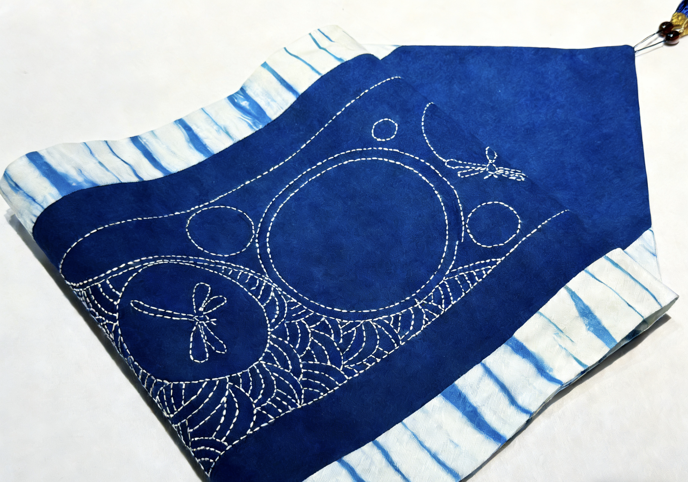 Handmade Indigo Embroidered Table Runner ,Cotton Shibori Table Scarf with Embroidery & Tassel, Unique Blue & White Pattern