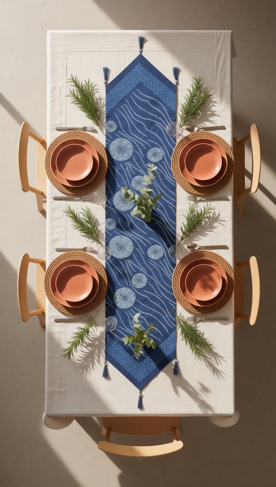 Handmade Indigo Dye Table Runner，Wave & Floral Motif Cotton Table Scarf, Boho Home Decor for Dining Table