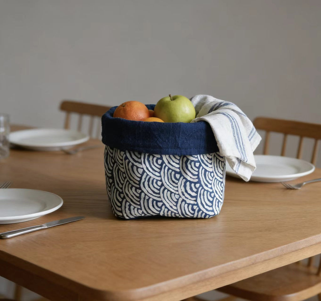 Handmade Indigo Dye Storage Basket - Small Fabric Organizer with Wave Pattern, Unique Blue & White Design