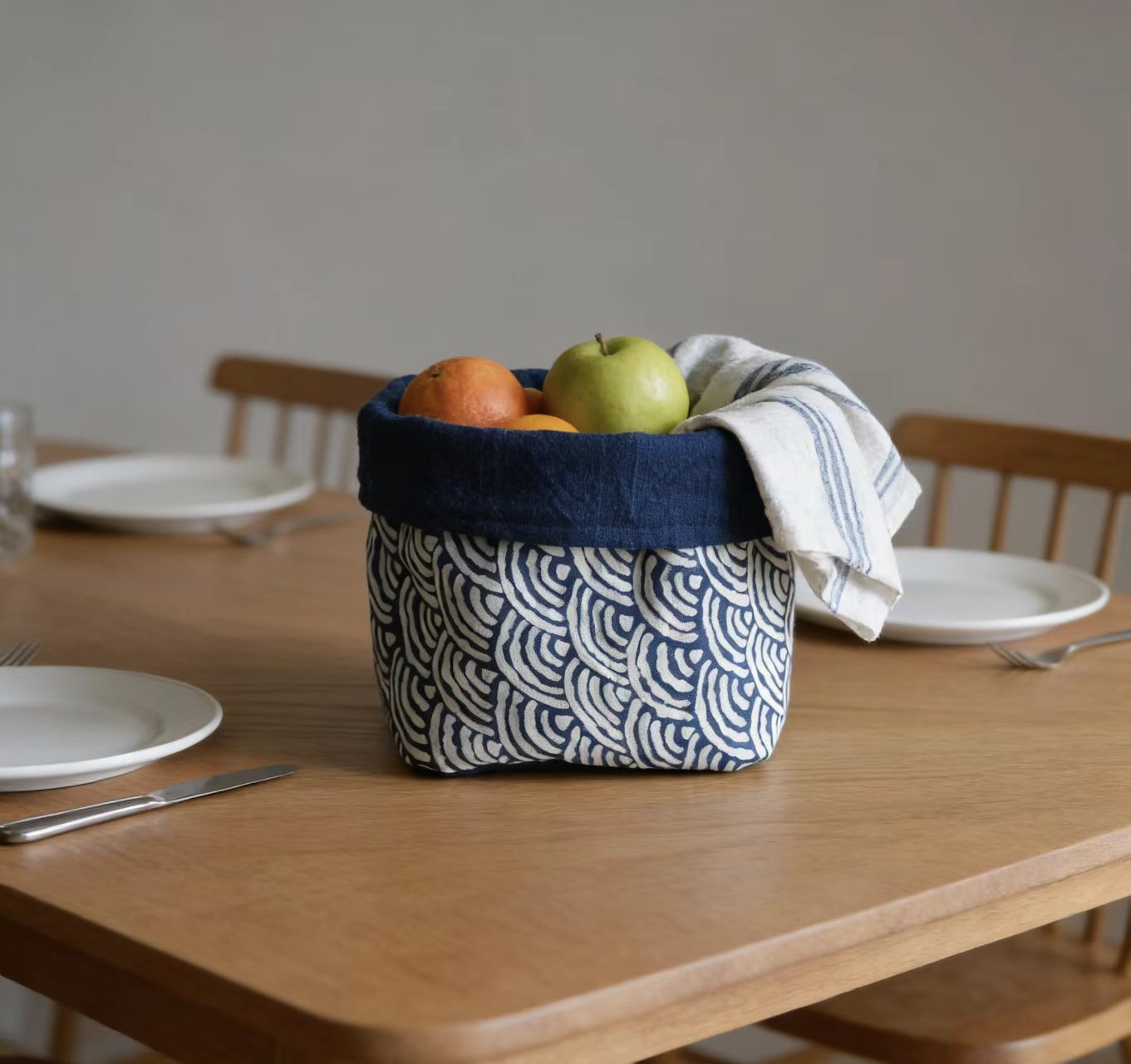 Handmade Indigo Dye Storage Basket - Small Fabric Organizer with Wave Pattern, Unique Blue & White Design