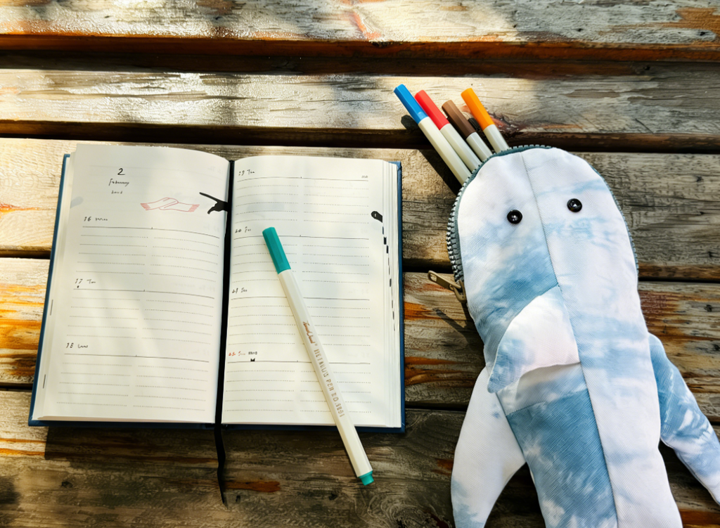 Indigo-Dyed Whale Pencil Case – Handmade Cotton Pouch for School & Office