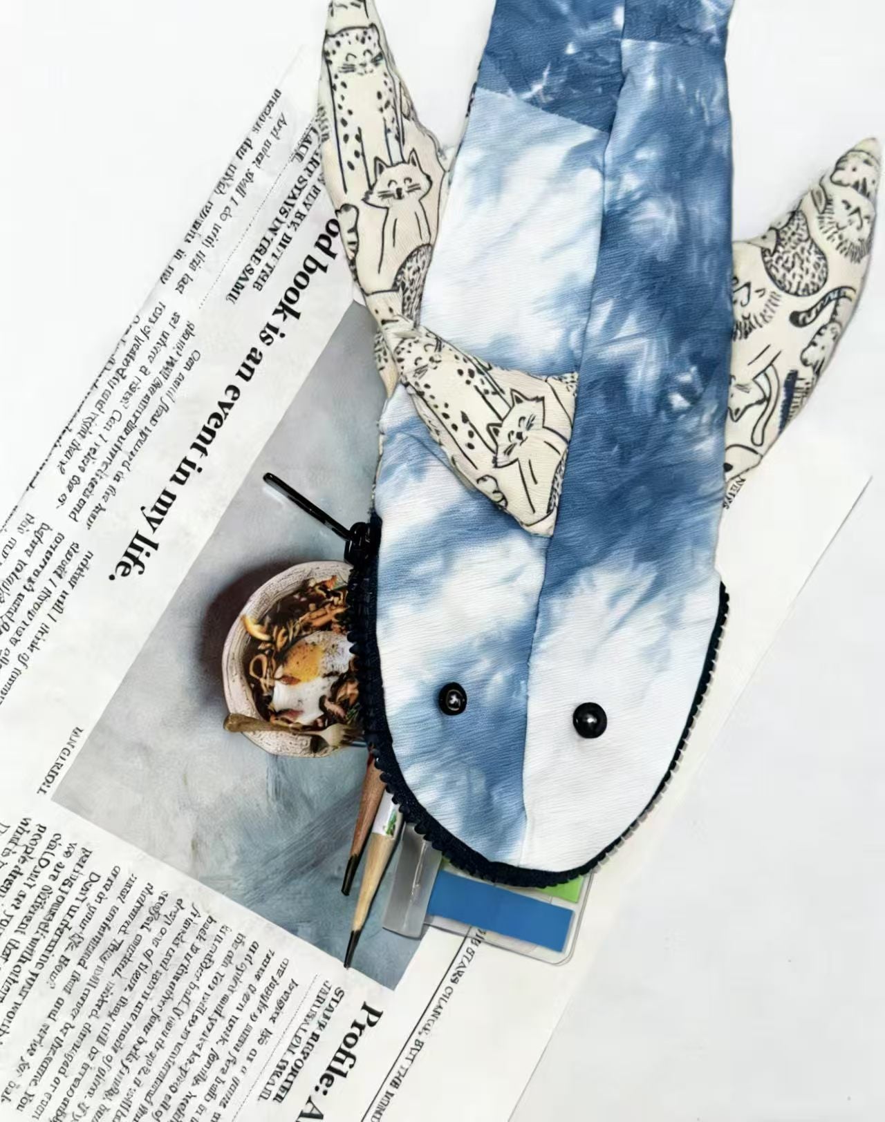 Indigo-Dyed Whale Pencil Case – Handmade Cotton Pouch for School & Office
