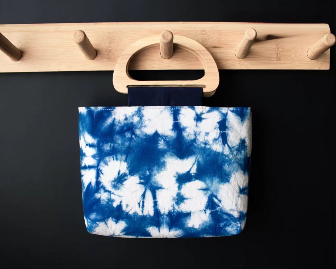 Indigo-Dyed Mini Tote Bag – Handmade Wood Handle Purse | Boho Gift