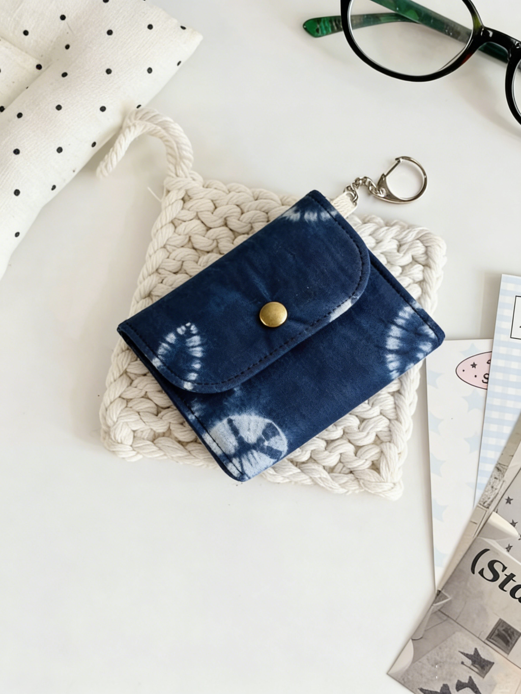 Indigo Tie-Dye Card Holder — Hand-Dyed Mini Pouch | Bag Charm & Coin Purse