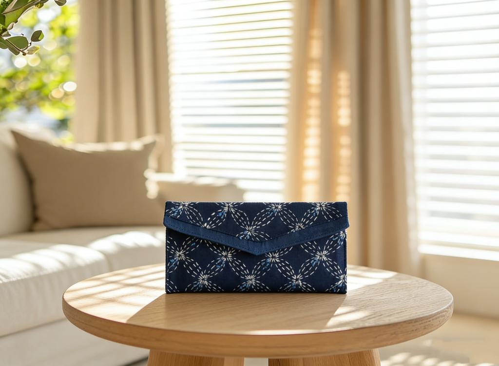 Handcrafted Indigo Wallet & Phone Pouch | Sashiko Four-Leaf Clover Embroidery, Cotton-Linen