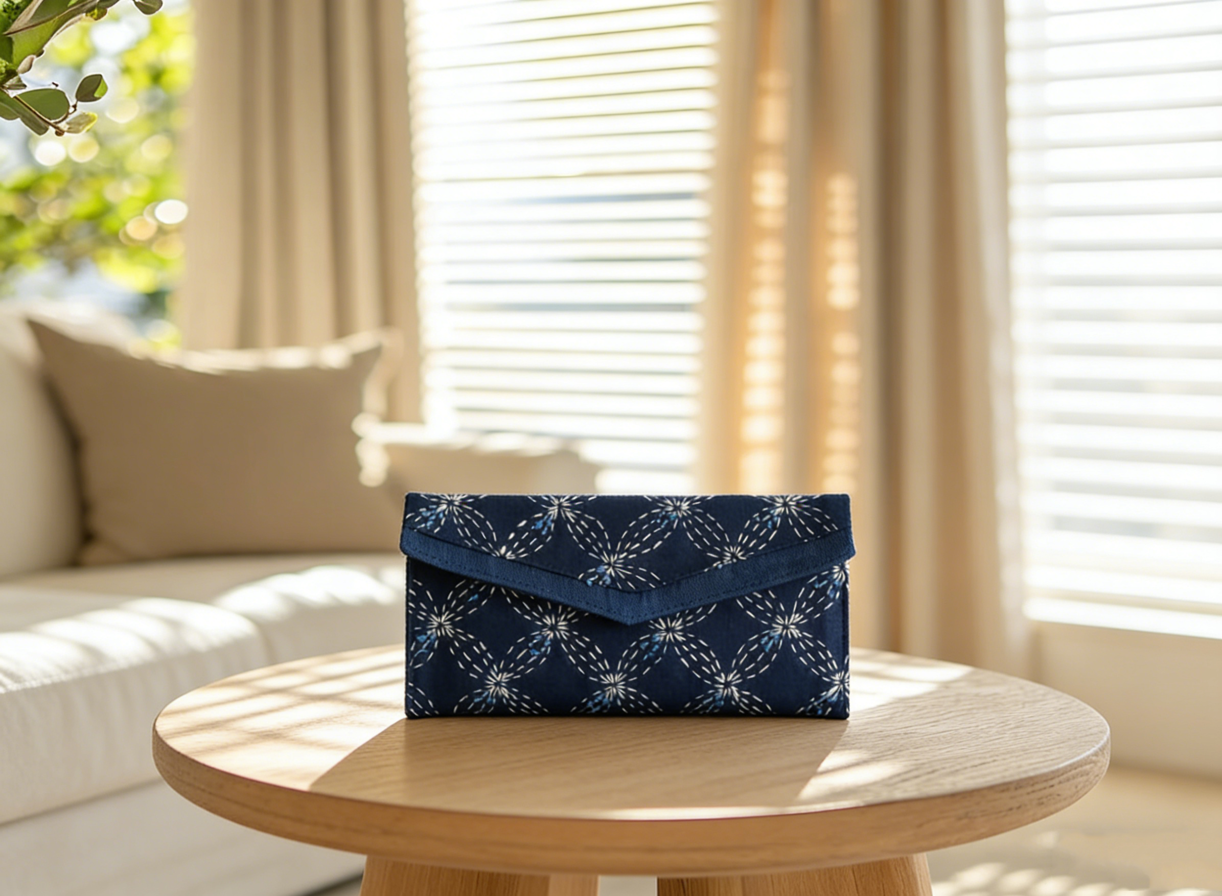 Handcrafted Indigo Wallet & Phone Pouch | Sashiko Four-Leaf Clover Embroidery, Cotton-Linen