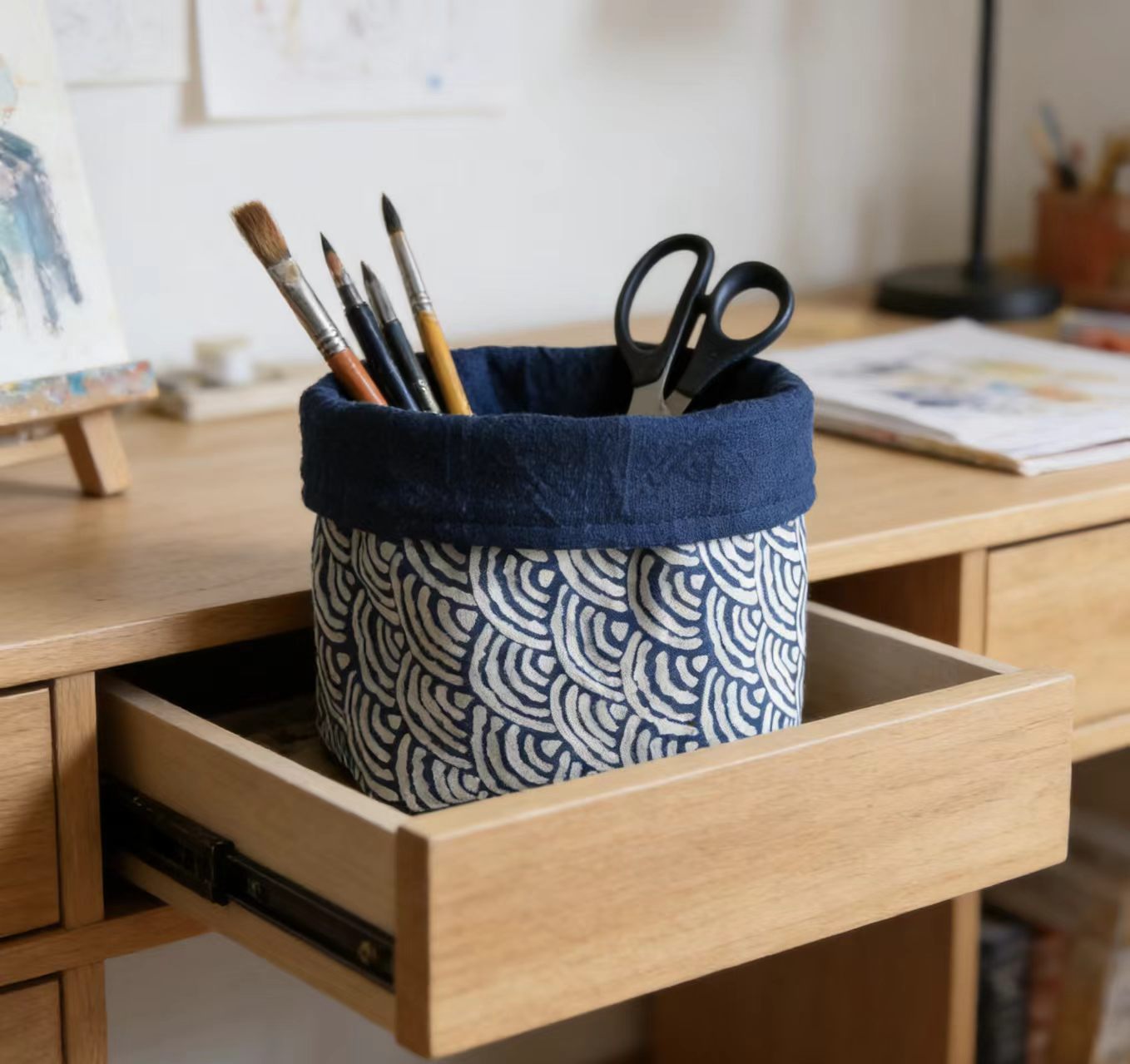 Handmade Indigo Dye Storage Basket - Small Fabric Organizer with Wave Pattern, Unique Blue & White Design