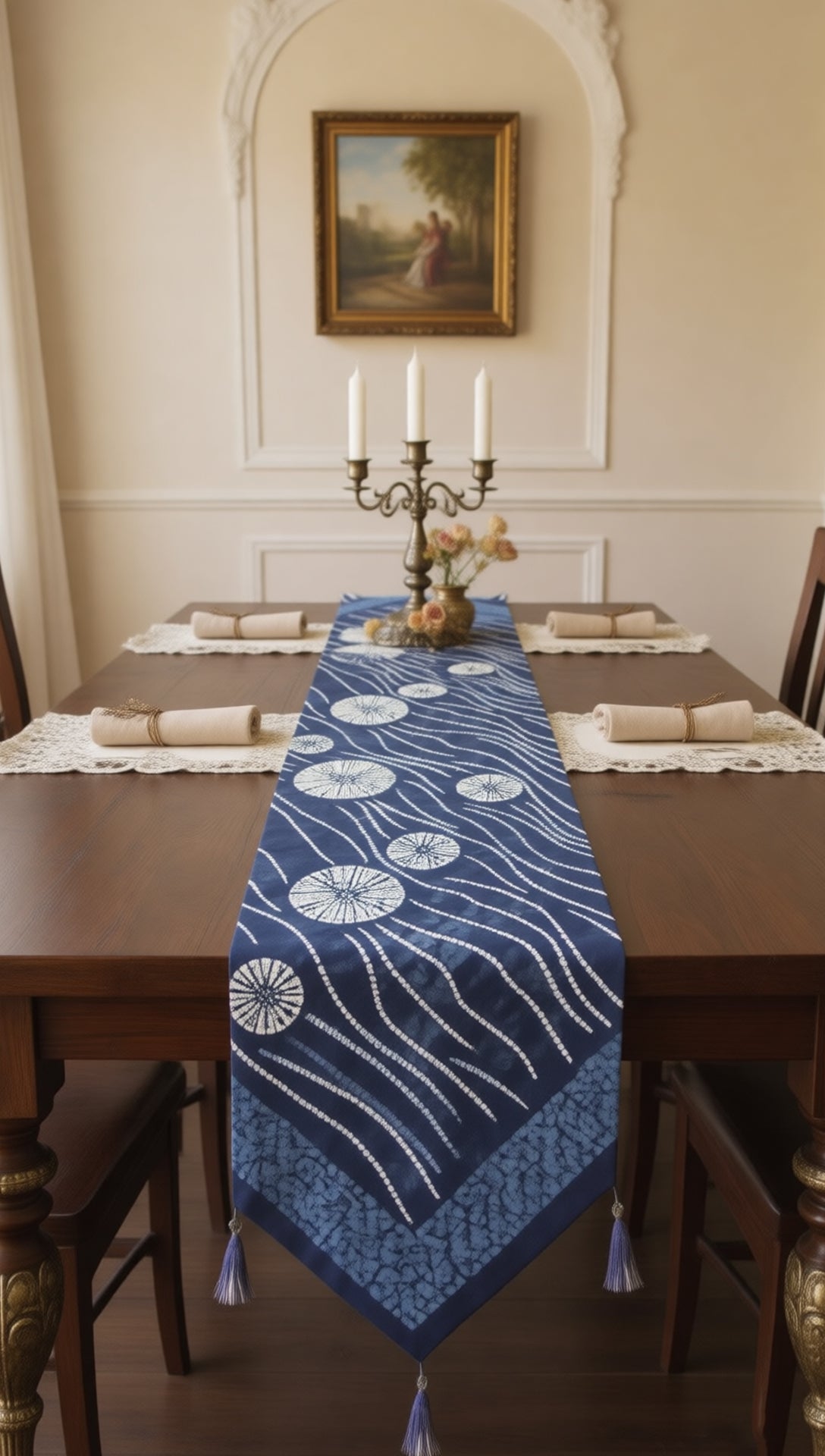 Handmade Indigo Dye Table Runner，Wave & Floral Motif Cotton Table Scarf, Boho Home Decor for Dining Table