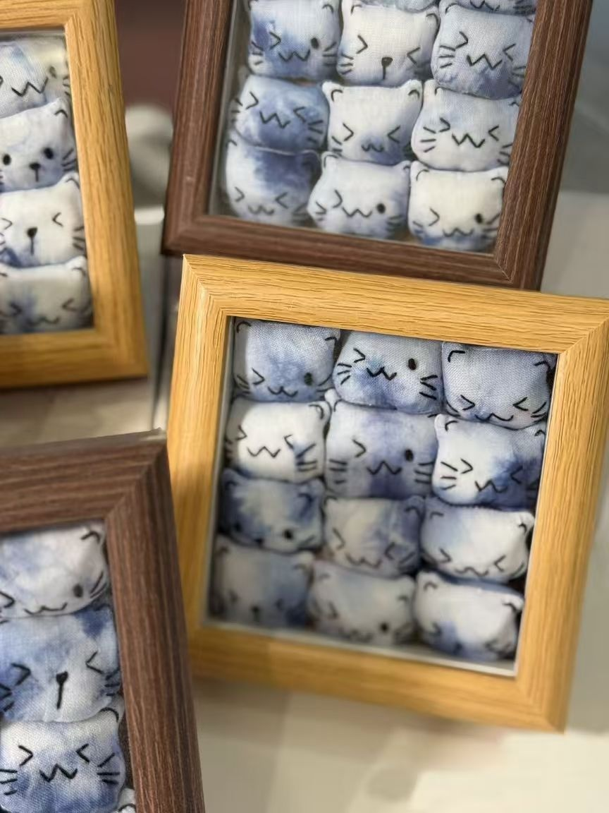 Natural Indigo Shibori Hand Tie Dye 3D Plush Kitten Framed Wall Art, Cute Cat Soft Sculpture Decor Frame for Bedroom, Cafe & Handmade Gift