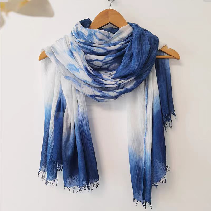 Pure Plant-Dyed Tie-Dye Scarf and Shawl Two-in-One Women's Cotton Long Style Indigo-Dyed Neckwarmer for Spring/Summer: Light Luxury, Sophisticated Artistic Casual