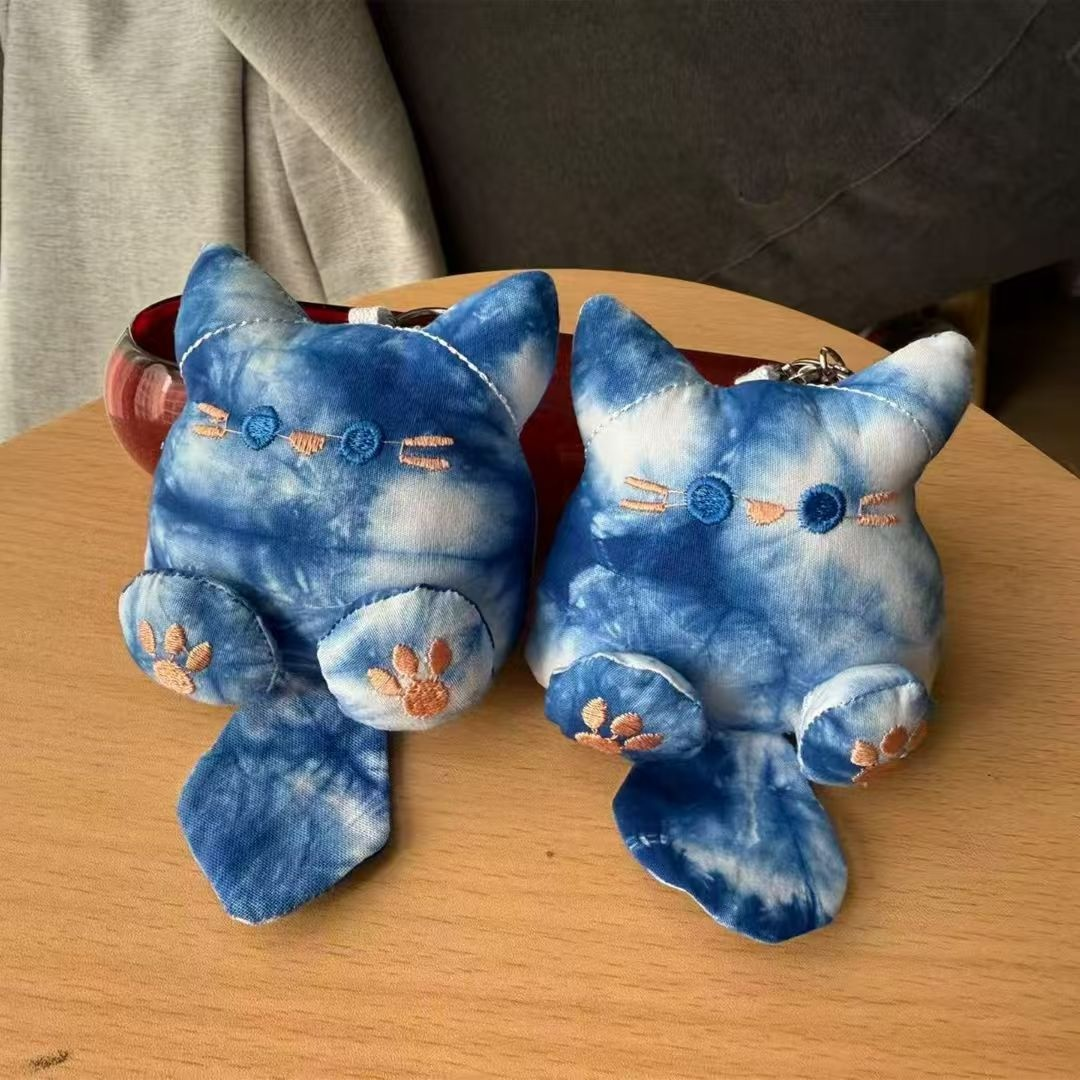 Indigo Shibori Hand Tie Dye Mini Cat Plush Keychain, Bohemian Soft Kitten Bag Charm Ornament for Backpack, Tote Bag & Key Gift