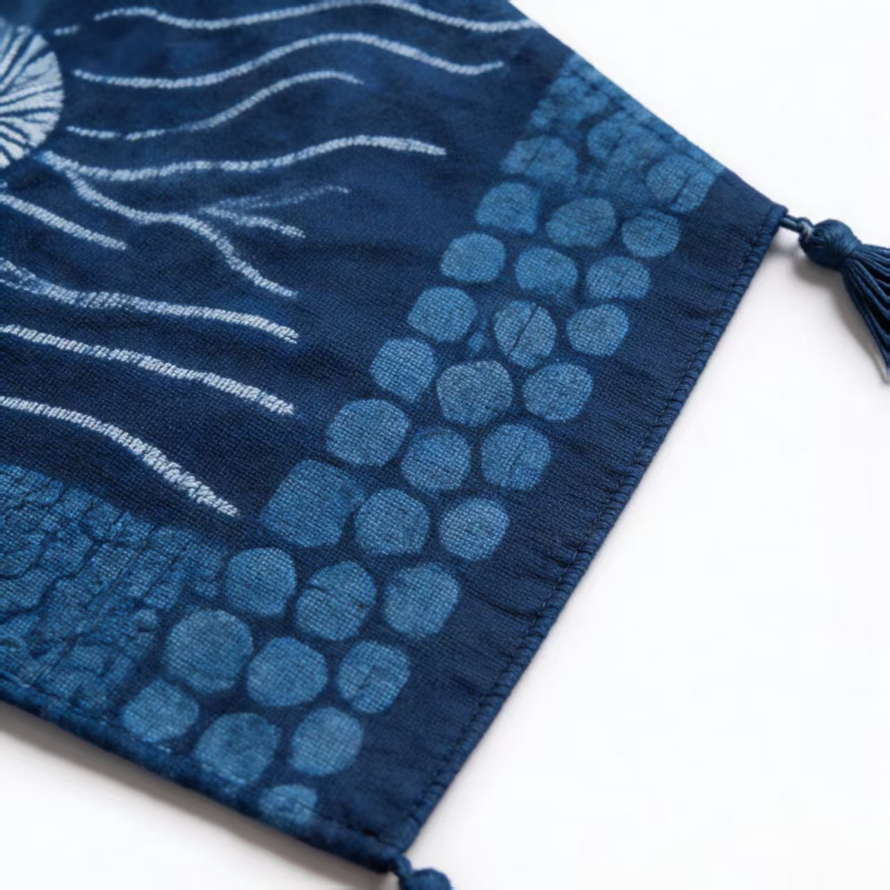 Indigo-Dyed Table Runner – Handmade Shibori Wave & Floral Boho Home Decor
