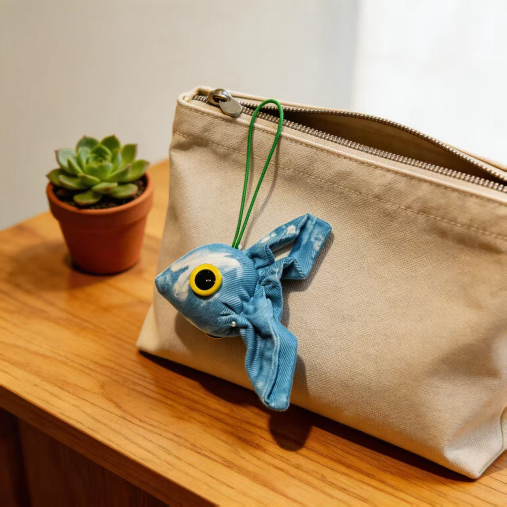 Indigo Fish Bag Charm – Handmade Shibori Cotton Car Hanger & Home Decor