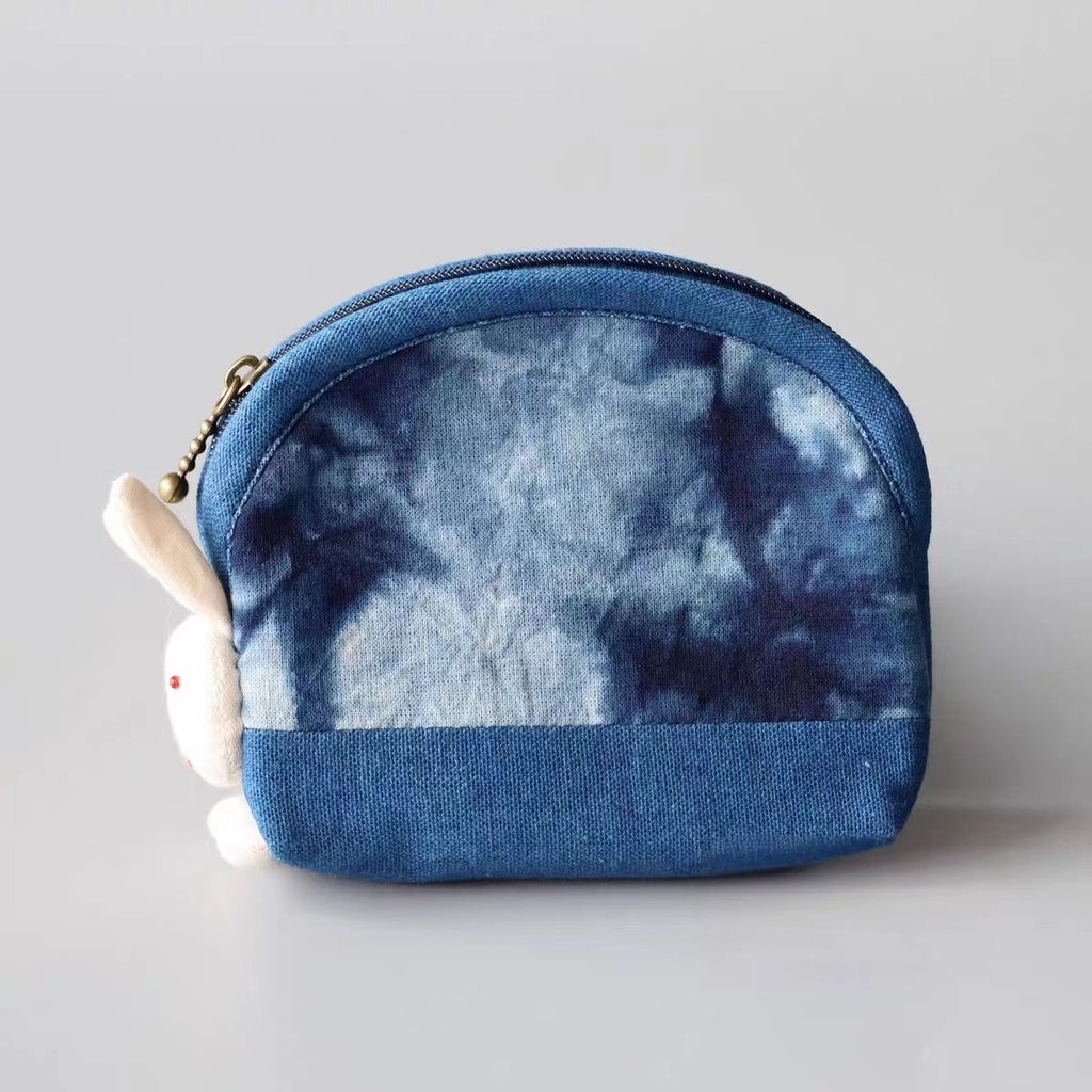 Indigo-Dyed Bunny Makeup Pouch – Handmade Tie-Dye Coin Purse | Cute Boho Gift