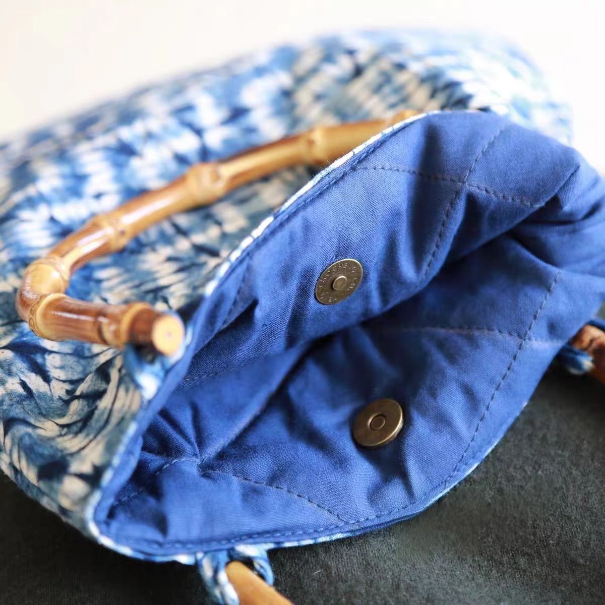 Indigo Batik Fan Tote — Bamboo Handle | Hand-Dyed