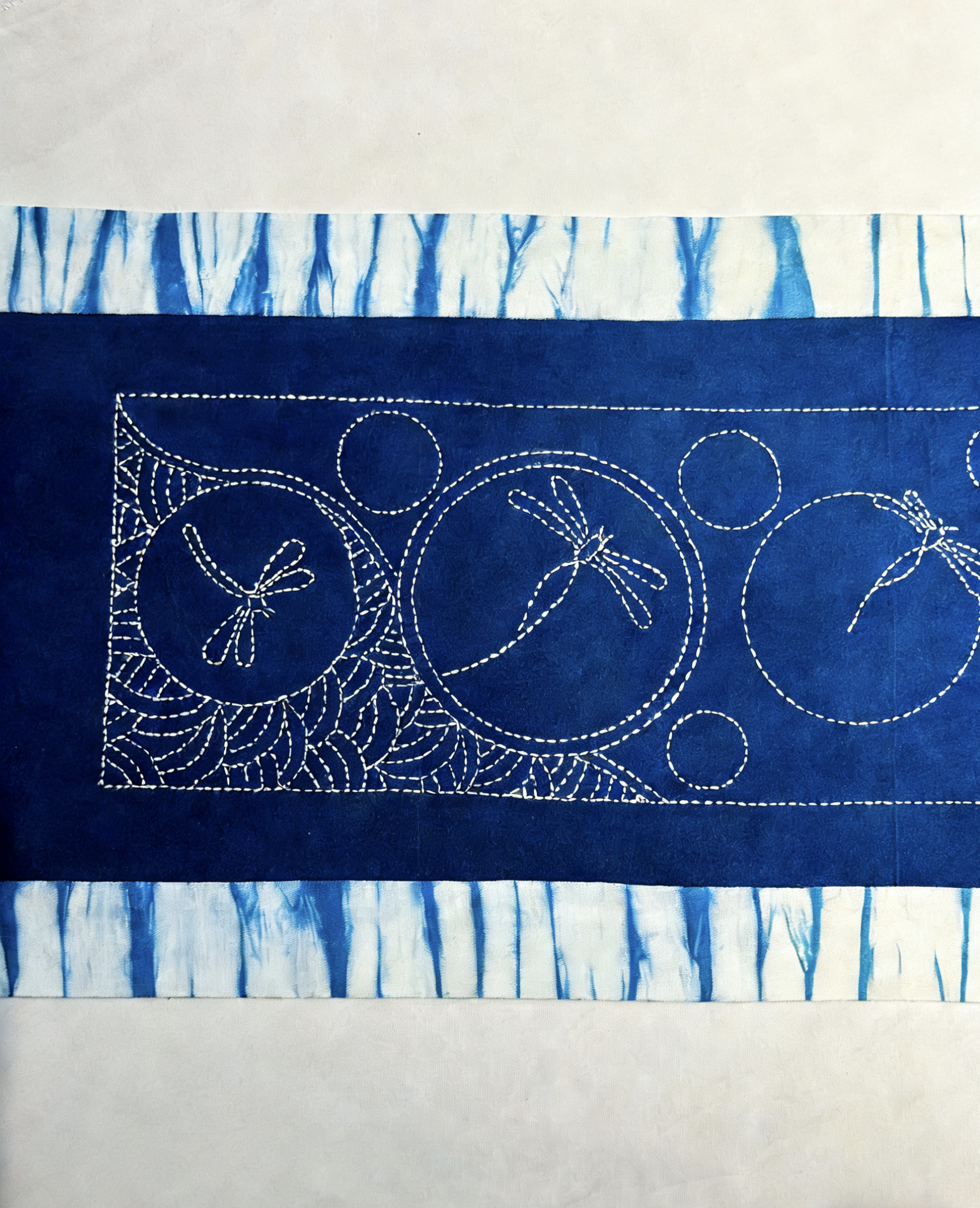Handmade Indigo Embroidered Table Runner ,Cotton Shibori Table Scarf with Embroidery & Tassel, Unique Blue & White Pattern
