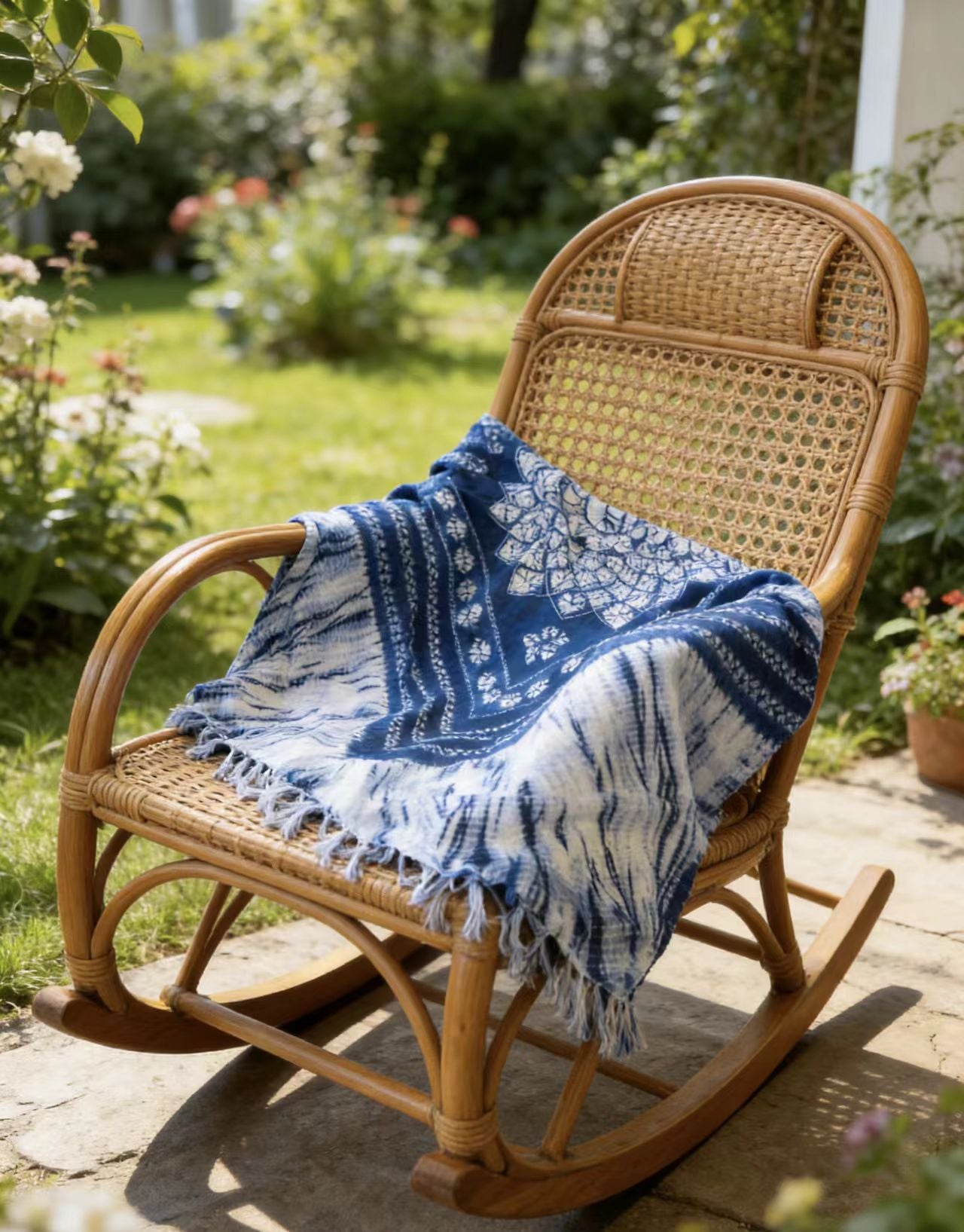 Indigo-Dyed Scarf – Handmade Shibori Geometric Patchwork Cotton Shawl | Boho Tassel Wrap