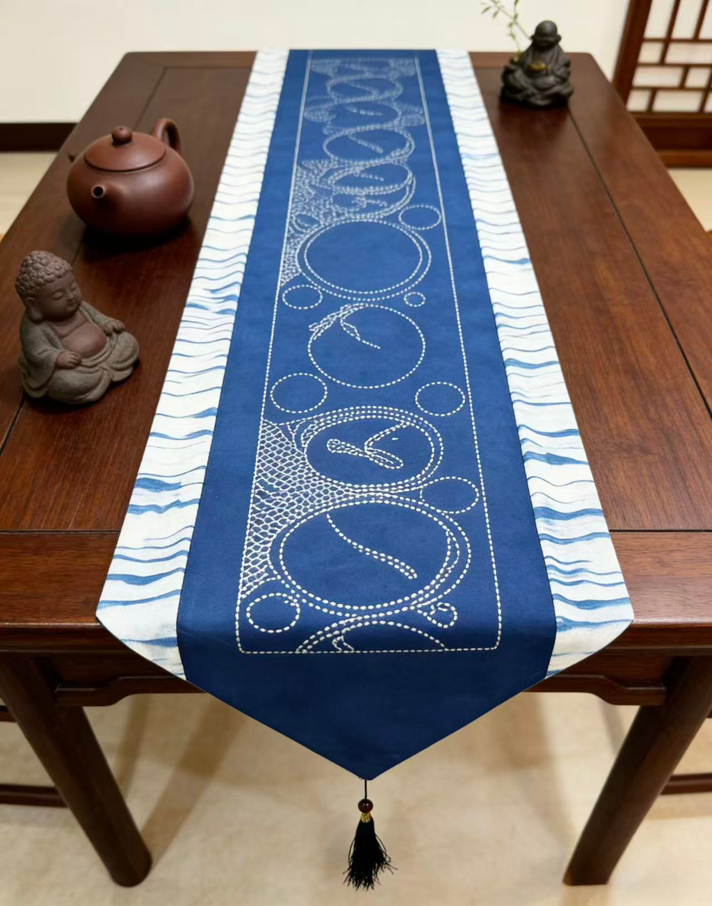 Handcrafted Shibori Indigo Table Runner | Embroidered Dragonfly & Tassel | Cotton Boho Decor