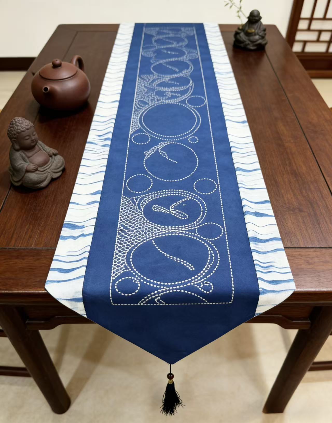 Handcrafted Shibori Indigo Table Runner | Embroidered Dragonfly & Tassel | Cotton Boho Decor
