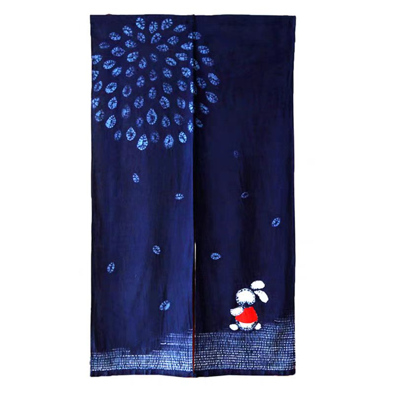 Indigo Hand-Dyed Door Curtain | Plum Blossom & Rabbit