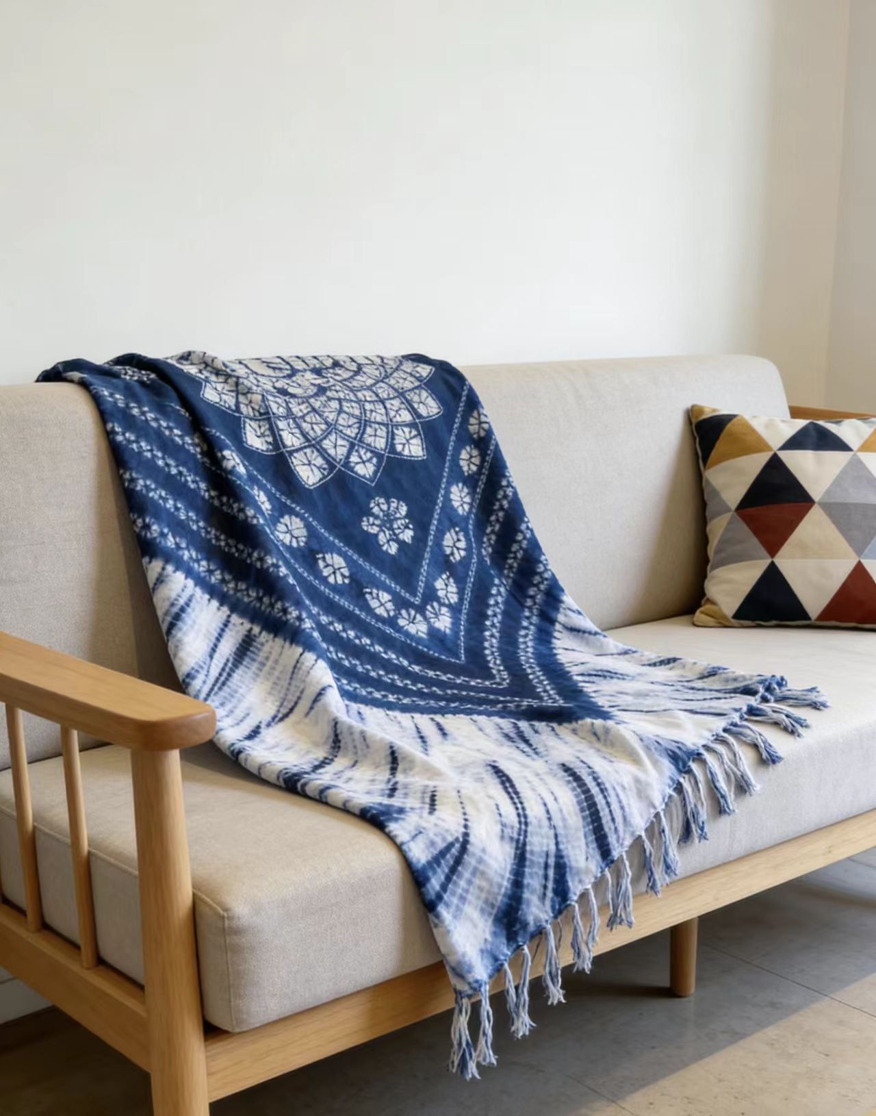 Indigo-Dyed Scarf – Handmade Shibori Geometric Patchwork Cotton Shawl | Boho Tassel Wrap